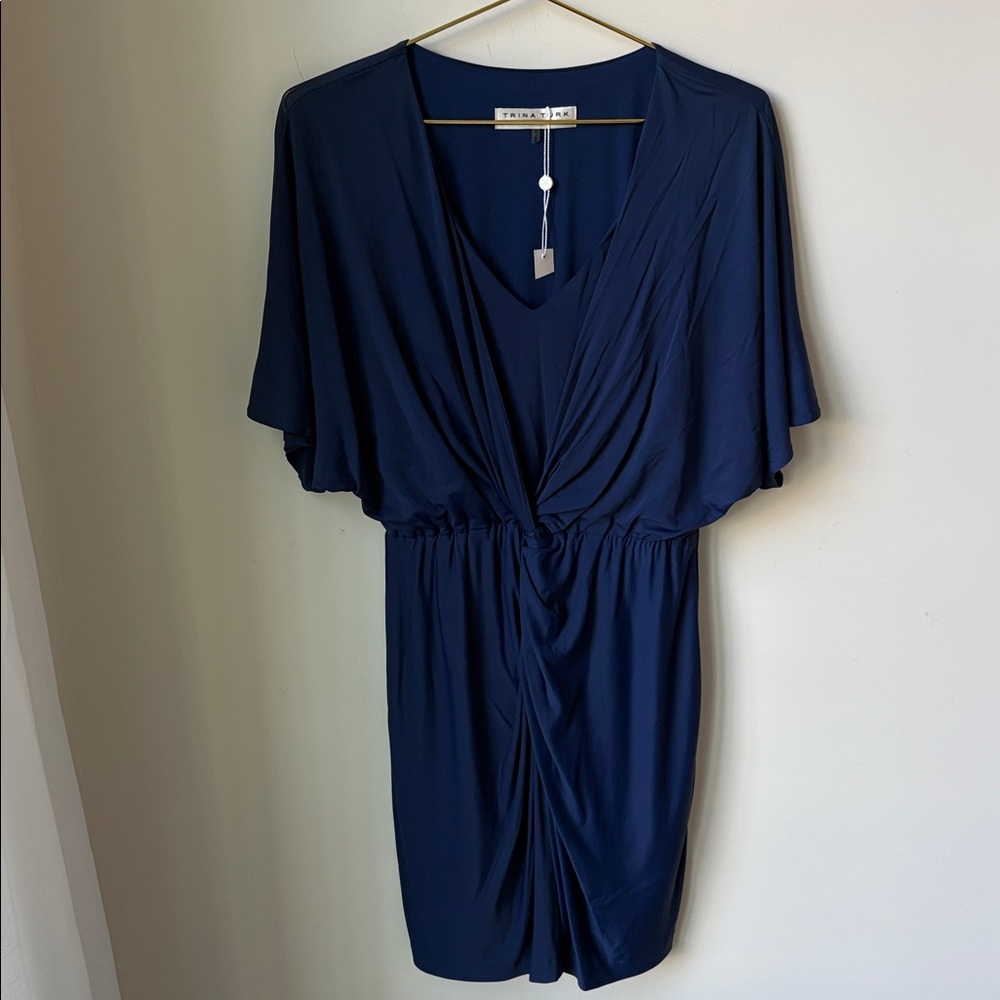 NWT Trina Turk Calyssa Dress  Dolman Sleeve Twist Front in Navy Stretch Size 4